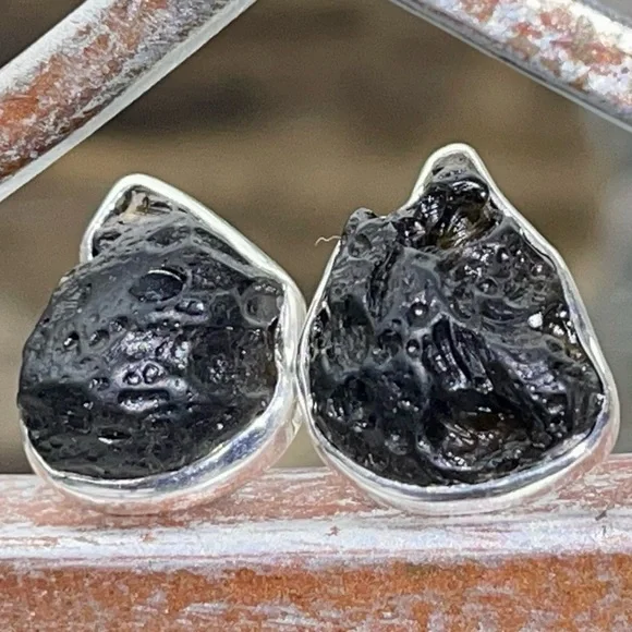 Tektite Gemstone Stud Earrings 925 Sterling Silver - Picture 6 of 10